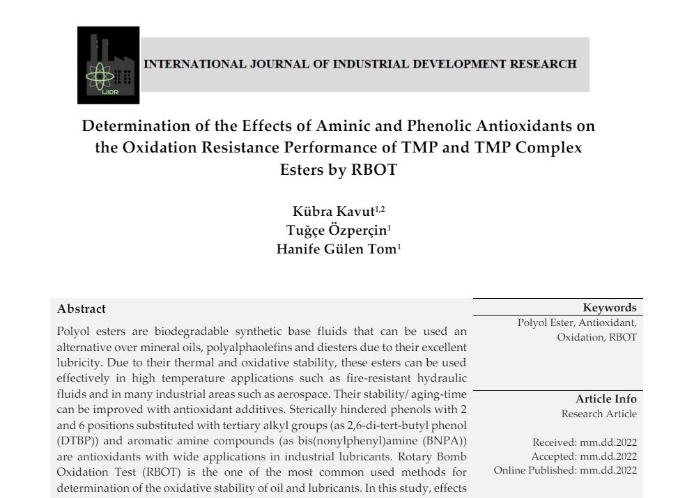 Determination of the Effects of Aminic and Phenolic Antioxidants on the Oxidation Resistance Performance of TMP and TMP Complex Esters by RBOT